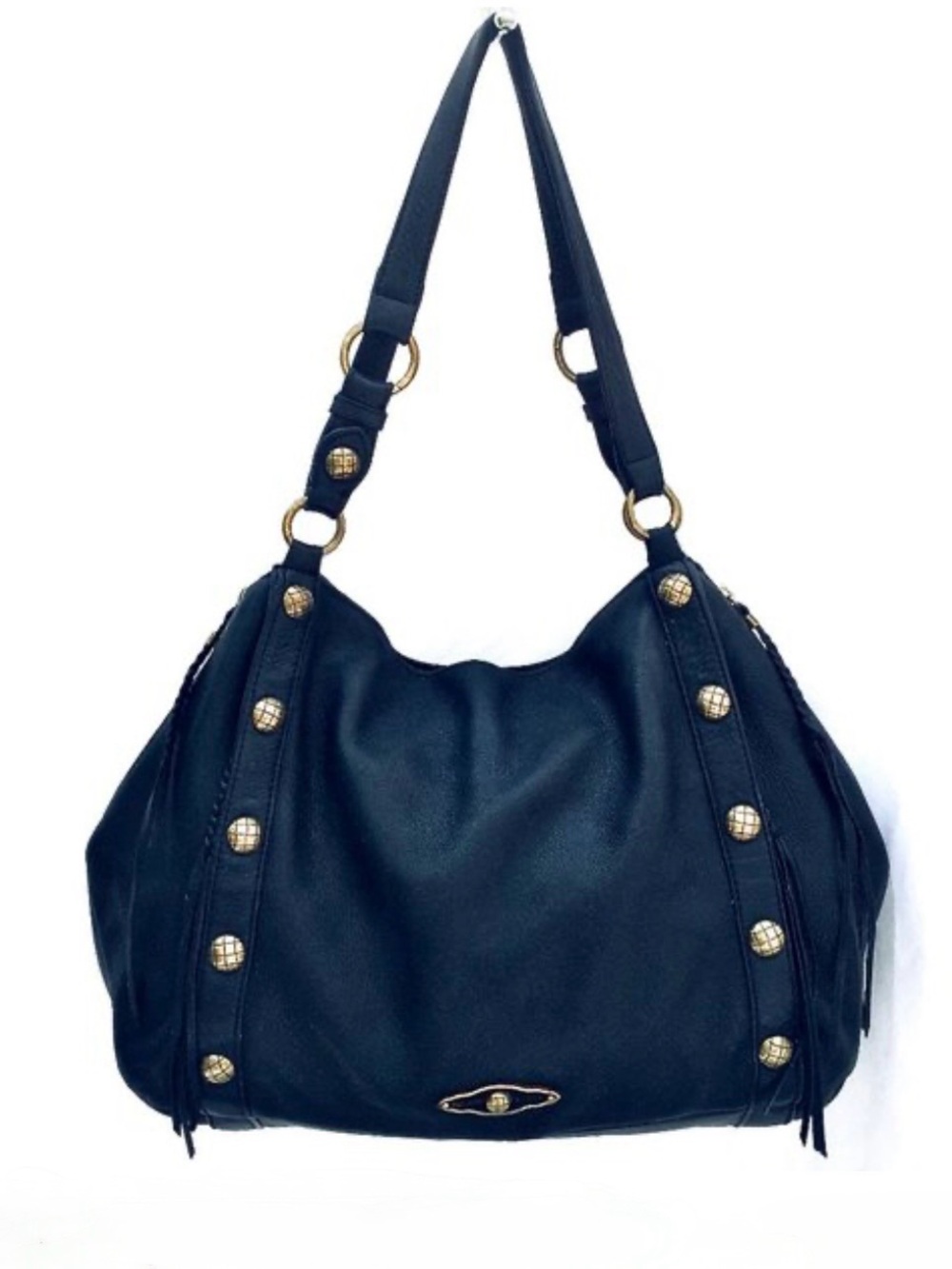ELLIOTT LUCCA Black Leather Hobo Shoulder Bag with Gold Studs